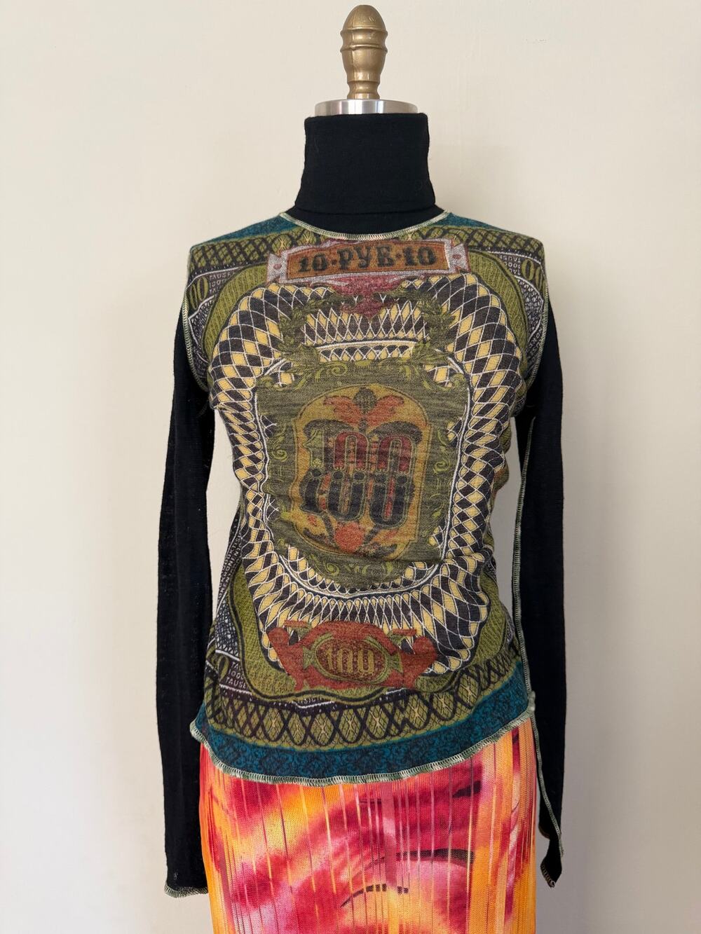 Jean Paul Gaultier Maille Classique Banknote Print 100% Wool Turtleneck S